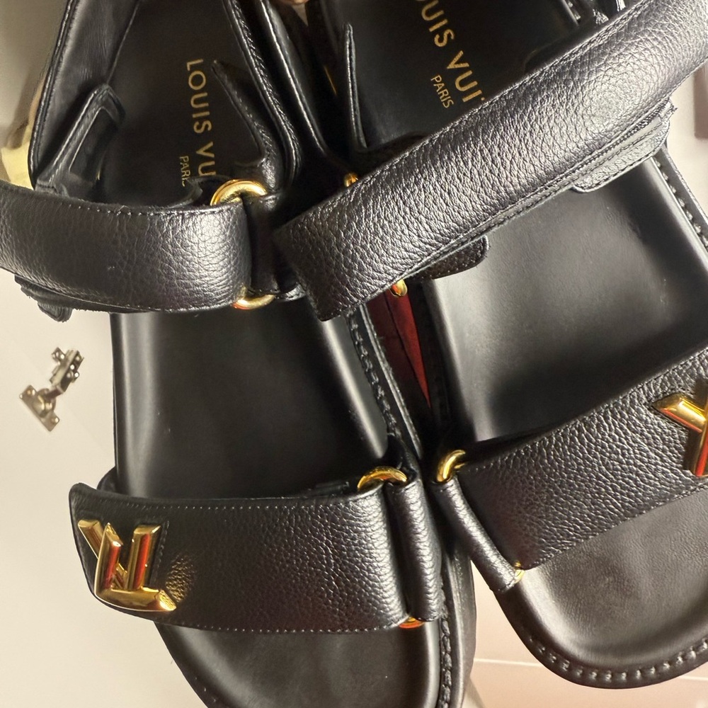 Louis Vuitton Black and Gold Leather Sandals